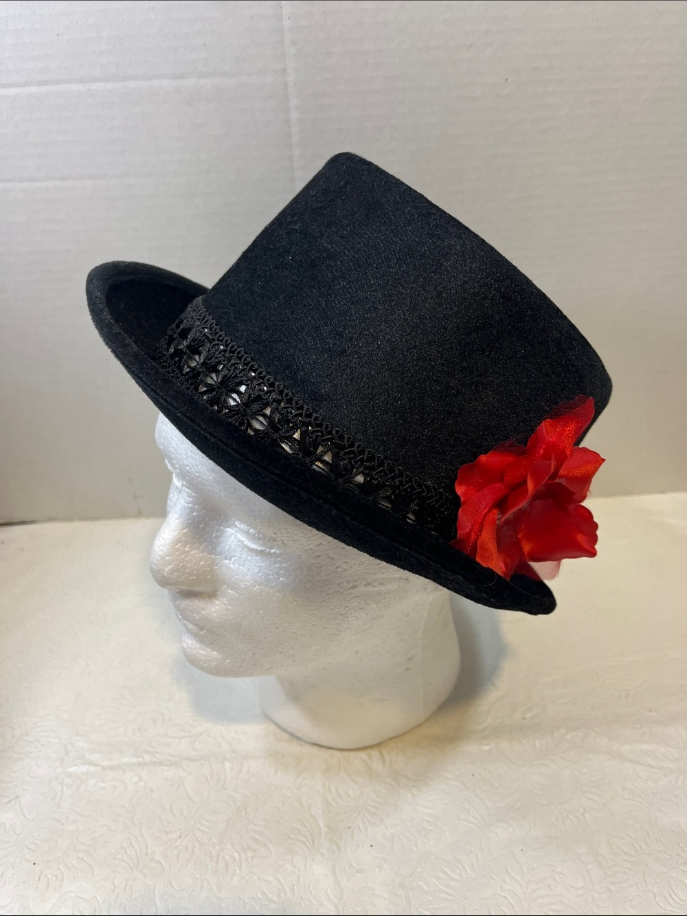 Black Felt Fedora Costume Halloween Top Hat with Red Flower Accent Braid Band